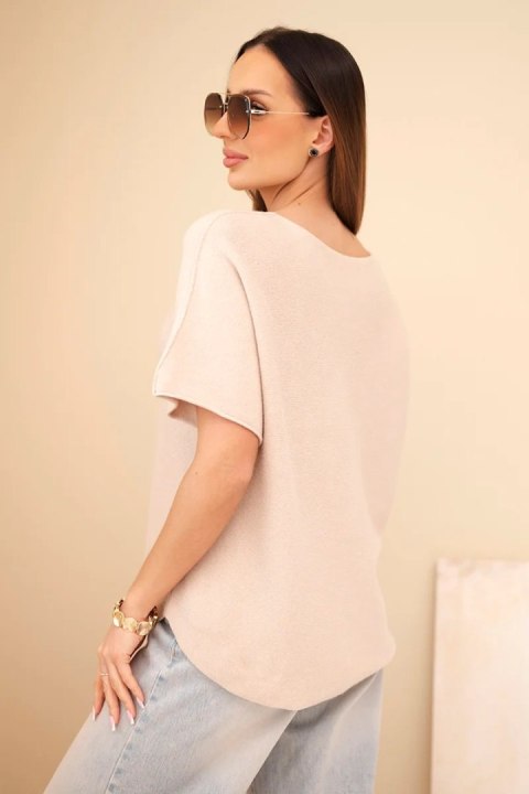 Sweter damski z krótkim rękawem o luźnym kroju beżowy