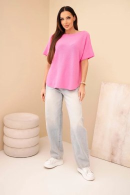 Sweter damski z krótkim rękawem o luźnym kroju jasno różowy