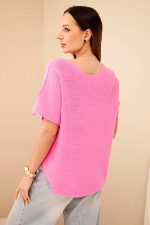 Sweter damski z krótkim rękawem o luźnym kroju jasno różowy