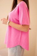 Sweter damski z krótkim rękawem o luźnym kroju jasno różowy