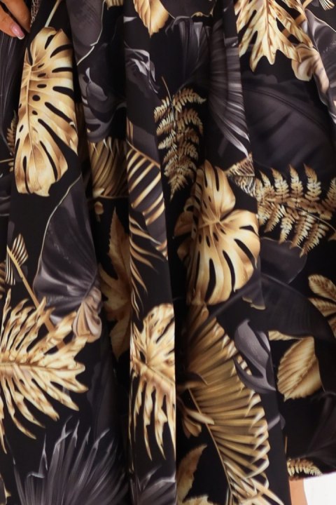 114-18 Czarna sukienka midi z elegancką górą i rozkloszowanym dołem - złote liście