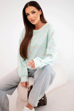 Bluza damska wiskozowa w drobne kwiatki z długim rękawem miętowa