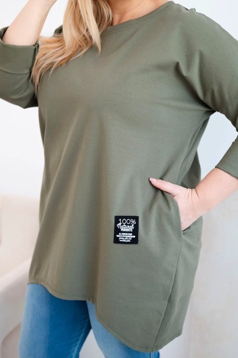 Bluzka damska Plus Size z dłuższym tyłem i długim rękawem khaki