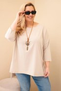 Bluzka damska bawełniana Plus Size asymetryczna z naszyjnikiem beżowa