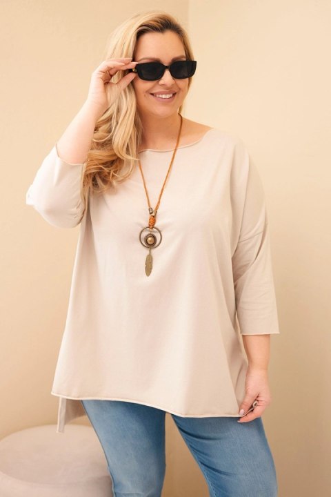 Bluzka damska bawełniana Plus Size asymetryczna z naszyjnikiem beżowa