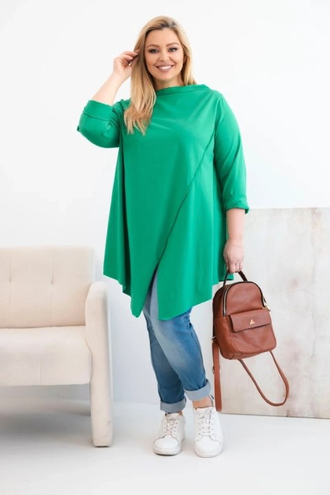 Bluzka damska bawełniana Plus Size asymetryczna z podwijanym rękawem zielona