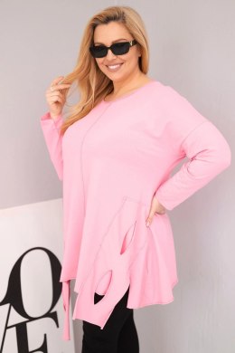 Bluzka damska bawełniana Plus Size z asymetrycznym dołem i wycięciami jasno różowa