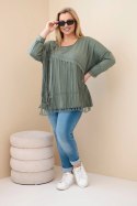 Bluzka damska bawełniana Plus Size z frędzlami khaki