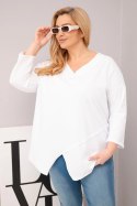 Bluzka damska bawełniana Plus Size z głębokim dekoltem V i asymetrycznym dołem biała