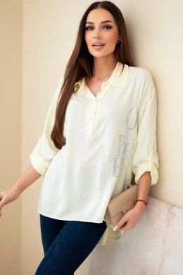 Bluzka damska wiskozowa z kołnierzykiem i nadrukiem z cyrkoniami żółta