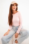 Bluzka damska wiskozowa z szerokim dekoltem i długim rękawem róż pudrowy