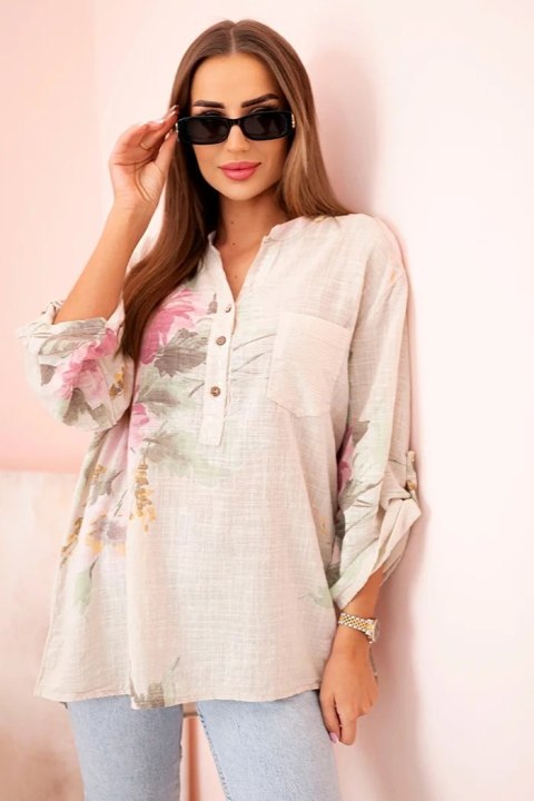 Bluzka damska z bawełny z kwiatowym wzorem i guzikami beżowa