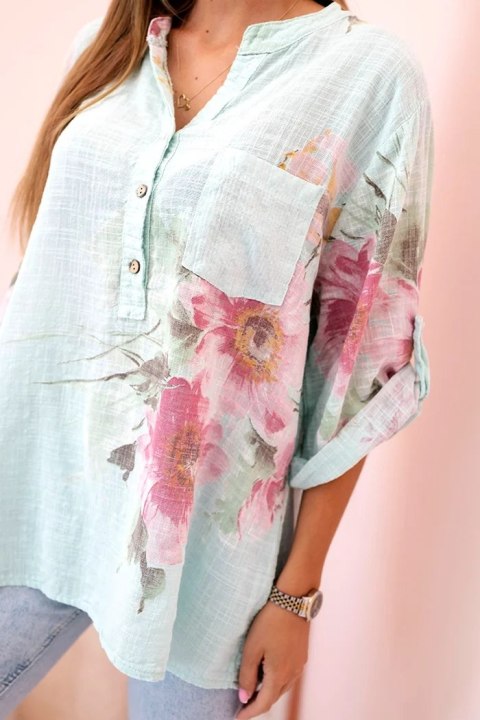 Bluzka damska z bawełny z kwiatowym wzorem i guzikami miętowa