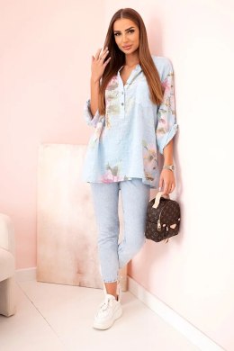 Bluzka damska z bawełny z kwiatowym wzorem i guzikami niebieski