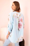 Bluzka damska z bawełny z kwiatowym wzorem i guzikami niebieski