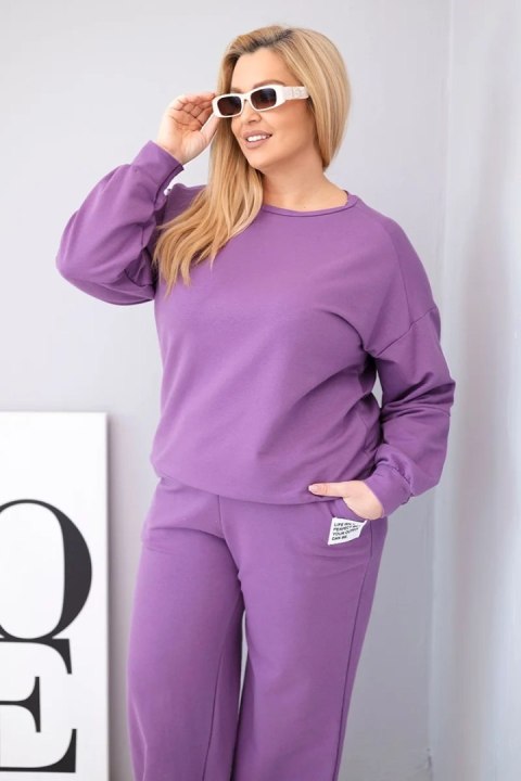 Komplet damski Plus Size bawełniany z luźną bluzą i spodniami z szeroką nogawką fioletowy