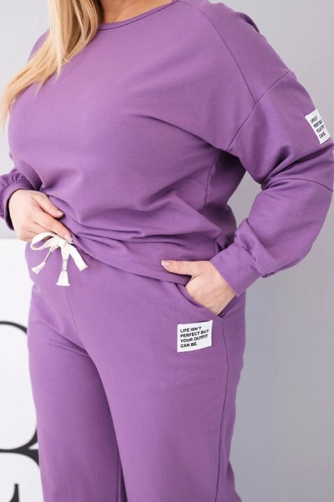 Komplet damski Plus Size bawełniany z luźną bluzą i spodniami z szeroką nogawką fioletowy