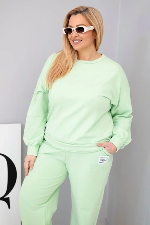 Komplet damski Plus Size bawełniany z luźną bluzą i spodniami z szeroką nogawką pistacjowy