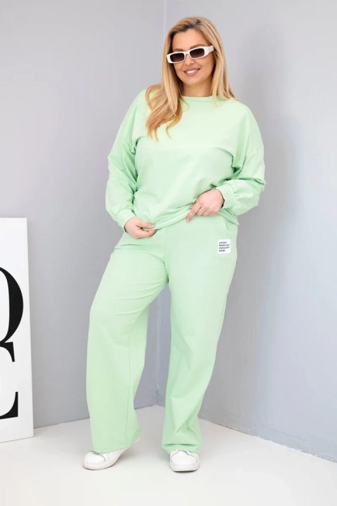 Komplet damski Plus Size bawełniany z luźną bluzą i spodniami z szeroką nogawką pistacjowy