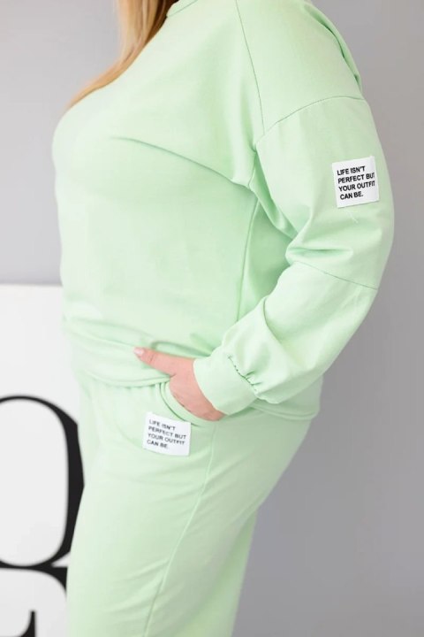 Komplet damski Plus Size bawełniany z luźną bluzą i spodniami z szeroką nogawką pistacjowy