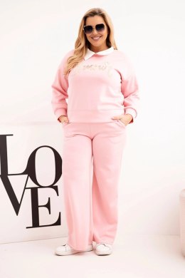 Komplet damski masełko Plus Size z szerokimi nogawkami i kołnierzykiem jasny różowy