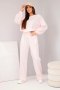 Komplet damski masełko bluza z broszką i spodnie z prostą nogawką pudrowy róż
