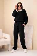 Komplet damski masełko bluza z kołnierzykiem i proste spodnie czarny