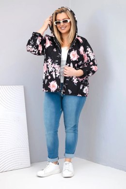 Kurtka damska wiosenna pikowana Plus Size z kapturem i kwiatowym wzorem czarna