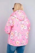 Kurtka damska wiosenna pikowana Plus Size z kapturem i kwiatowym wzorem jasno różowa