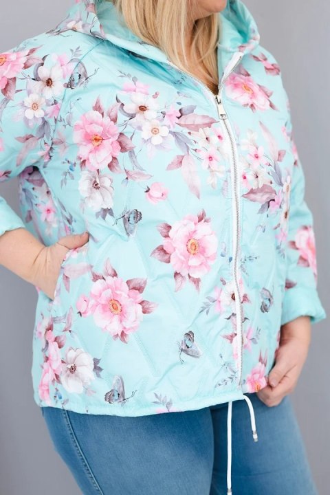 Kurtka damska wiosenna pikowana Plus Size z kapturem i kwiatowym wzorem miętowa