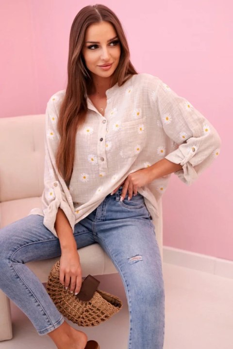 Lniana damska bluzka w kwiaty z długim rękawem i guzikami beżowy+biały