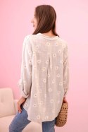 Lniana damska bluzka w kwiaty z długim rękawem i guzikami beżowy+biały