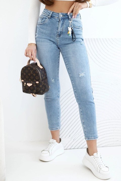 Jeansy Spodnie  damskie jeansowe mom fit z wysokim stanem i delikatnymi przetarciami