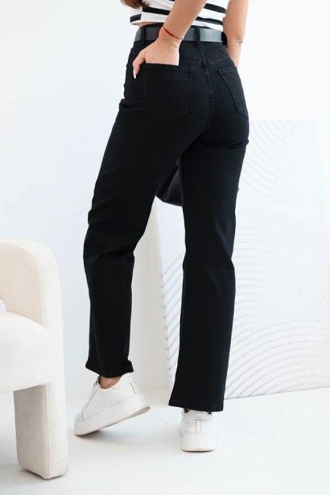 Jeansy Spodnie  damskie jeansowe z prostą nogawką i paskiem czarne