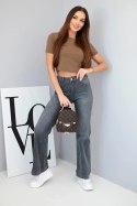 Jeansy Spodnie  damskie jeansowe z prostą nogawką i wysokim stanem grafitowe