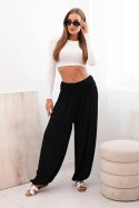 Spodnie damskie wiskozowe z szeroką nogawką i marszczeniami czarne