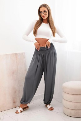 Spodnie damskie wiskozowe z szeroką nogawką i marszczeniami grafitowy