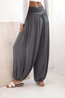 Spodnie damskie wiskozowe z szeroką nogawką i marszczeniami grafitowy