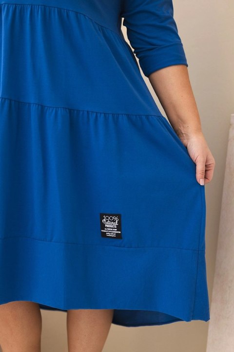 Sukienka damska bawełniana Plus Size z falbanami i podwiniętym rękawem chabrowa