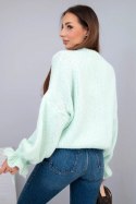 Sweter damski z dodatkiem moheru z grubym splotem i ozdobnymi rękawami miętowy