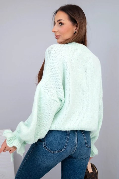Sweter damski z dodatkiem moheru z grubym splotem i ozdobnymi rękawami miętowy