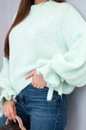 Sweter damski z dodatkiem moheru z grubym splotem i ozdobnymi rękawami miętowy
