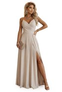 299-20 CHIARA Sukienka maxi na ramiączkach z kopertowym dekoltem i rozcięciem na nodze - szampański beż z brokatem