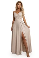299-20 CHIARA Sukienka maxi na ramiączkach z kopertowym dekoltem i rozcięciem na nodze - szampański beż z brokatem
