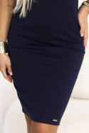 608-2 Zmysłowa ołówkowa sukienka z krótkim rękawkiem i ozdobnym dekoltem - granatowa