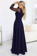 640-3 LORETTA wyjątkowa długa sukienka z tiulowymi rękawami i dekoltem - granatowa