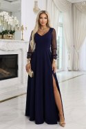 640-3 LORETTA wyjątkowa długa sukienka z tiulowymi rękawami i dekoltem - granatowa