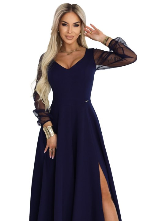 640-3 LORETTA wyjątkowa długa sukienka z tiulowymi rękawami i dekoltem - granatowa