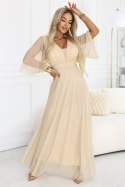 654-2 Długa połyskująca sukienka plus size z dekoltem i transparentnym rękawkiem - szampański beż