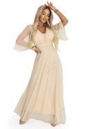 654-2 Długa połyskująca sukienka plus size z dekoltem i transparentnym rękawkiem - szampański beż